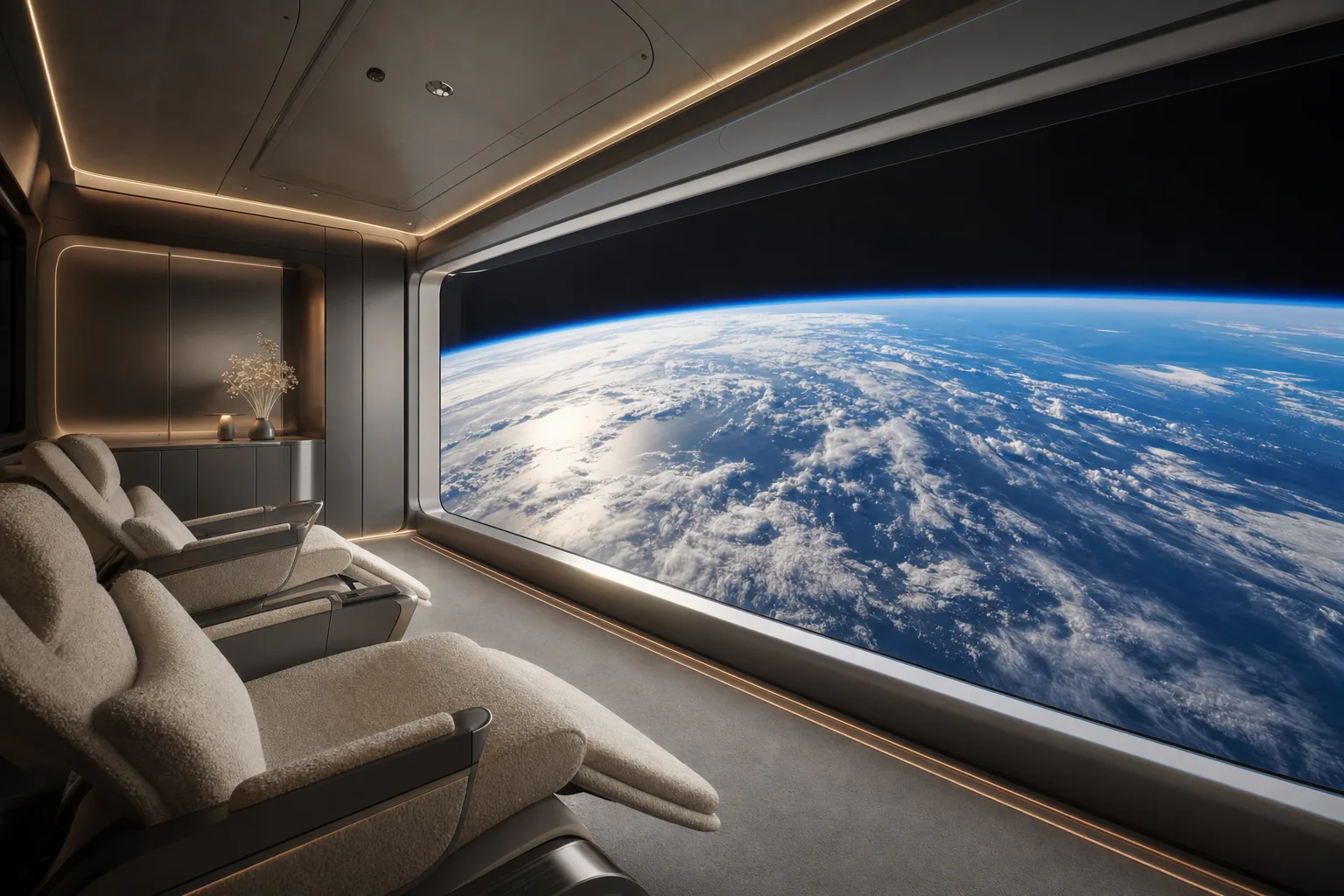 The Ascendant's cabin — cream recliners facing a panoramic window filled by planet Earth