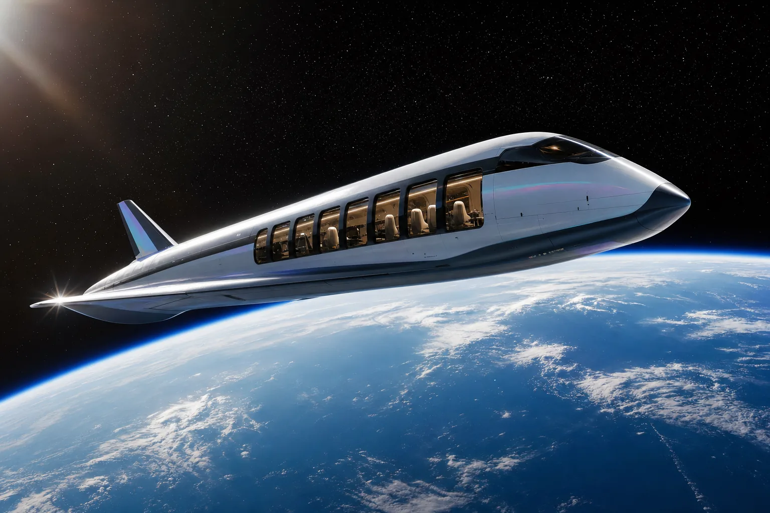 The NV Ascendant spaceplane gliding above Earth's blue curve, cabin windows glowing